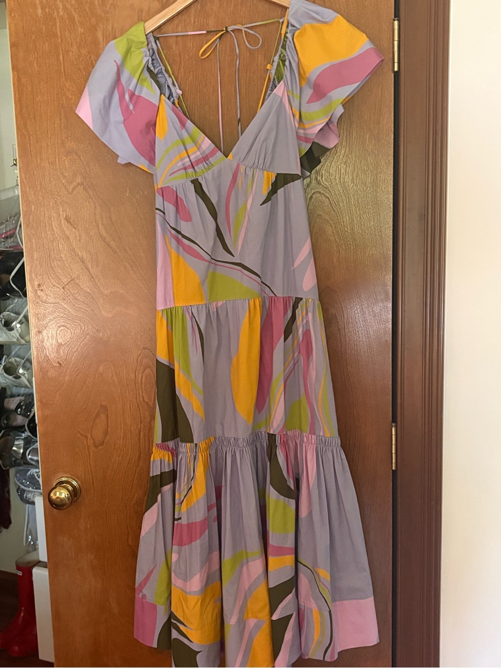 Floral Abstract Print Tiered Midi Dress - Multicolor, worn ONCE